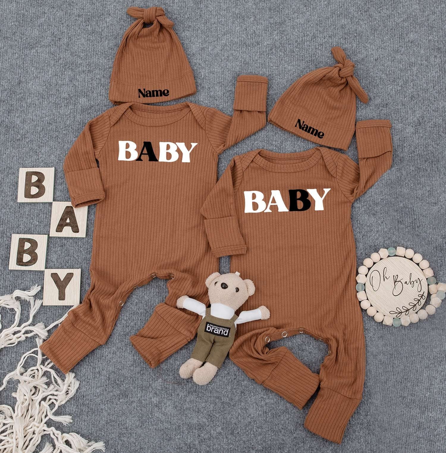 Baby Twin Outfits, Custom Name on Hat, Unisex Twin Outfits with Bold 'BABY' Print & Personalized Name