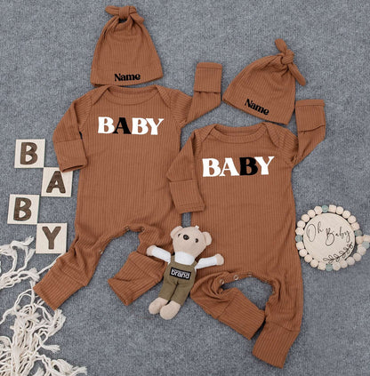 Baby Twin Outfits, Custom Name on Hat, Unisex Twin Outfits with Bold 'BABY' Print & Personalized Name