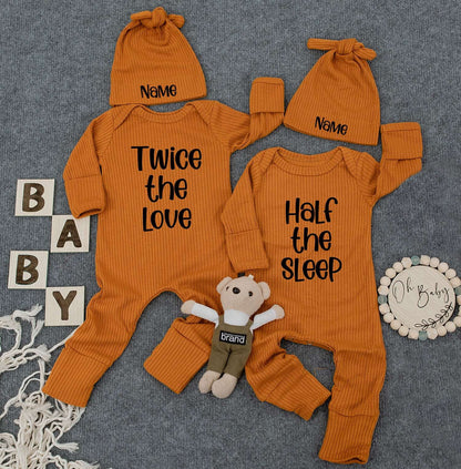 Personalized Twin Baby Set: Twice the Love, Half the Sleep, Cute Newborn Twin Outfits with Custom Name Hats