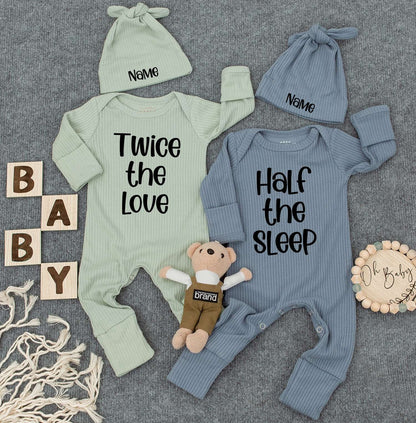 Personalized Twin Baby Set: Twice the Love, Half the Sleep, Cute Newborn Twin Outfits with Custom Name Hats