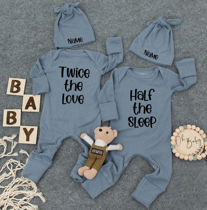 Personalized Twin Baby Set: Twice the Love, Half the Sleep, Cute Newborn Twin Outfits with Custom Name Hats