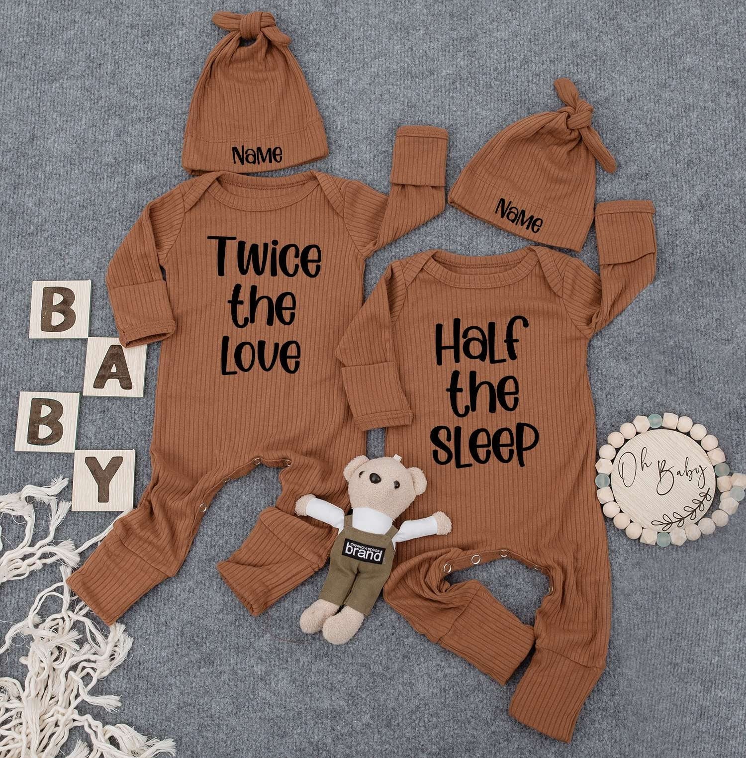 Personalized Twin Baby Set: Twice the Love, Half the Sleep, Cute Newborn Twin Outfits with Custom Name Hats