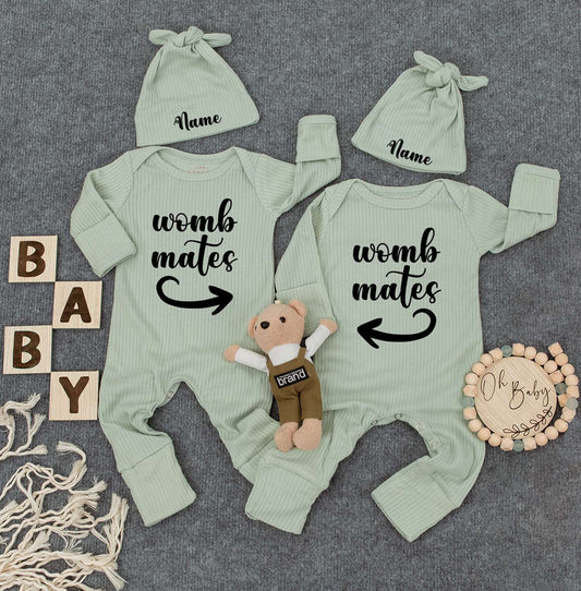 Personalized Baby Twin Bodysuit Set: Custom Name Hat & Womb Mates Shirts Cute Newborn Outfit, New Mom Gift, Soft Cotton Romper Sleepsuit Set 138