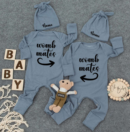Personalized Baby Twin Bodysuit Set: Custom Name Hat & Womb Mates Shirts Cute Newborn Outfit, New Mom Gift, Soft Cotton Romper Sleepsuit Set 138