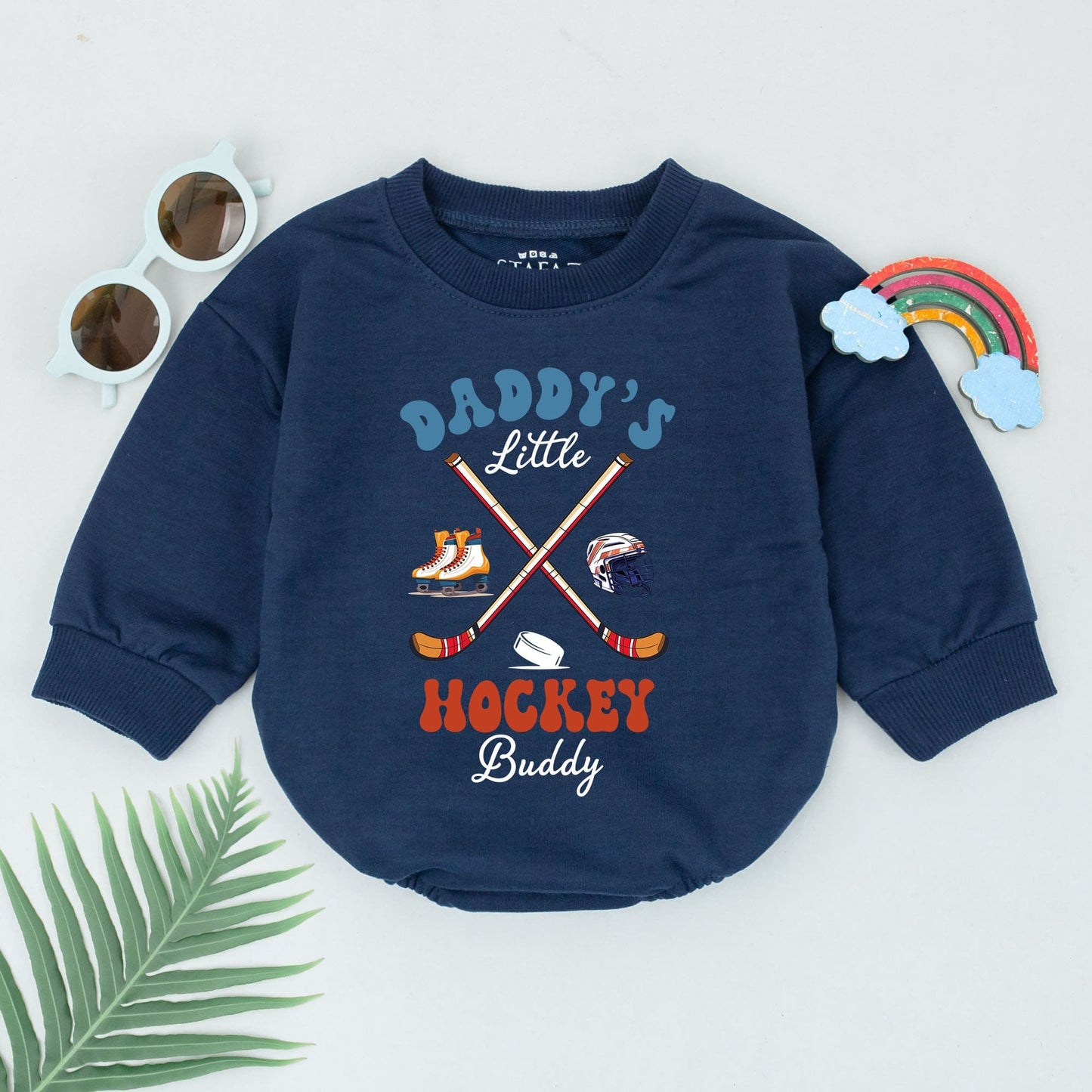 Daddy's Little Hockey Buddy Retro Romper - Hockey Baby Boy Outfit with Vintage Skates & Helmet Gift for Father's Day Newborn Bodysuit
