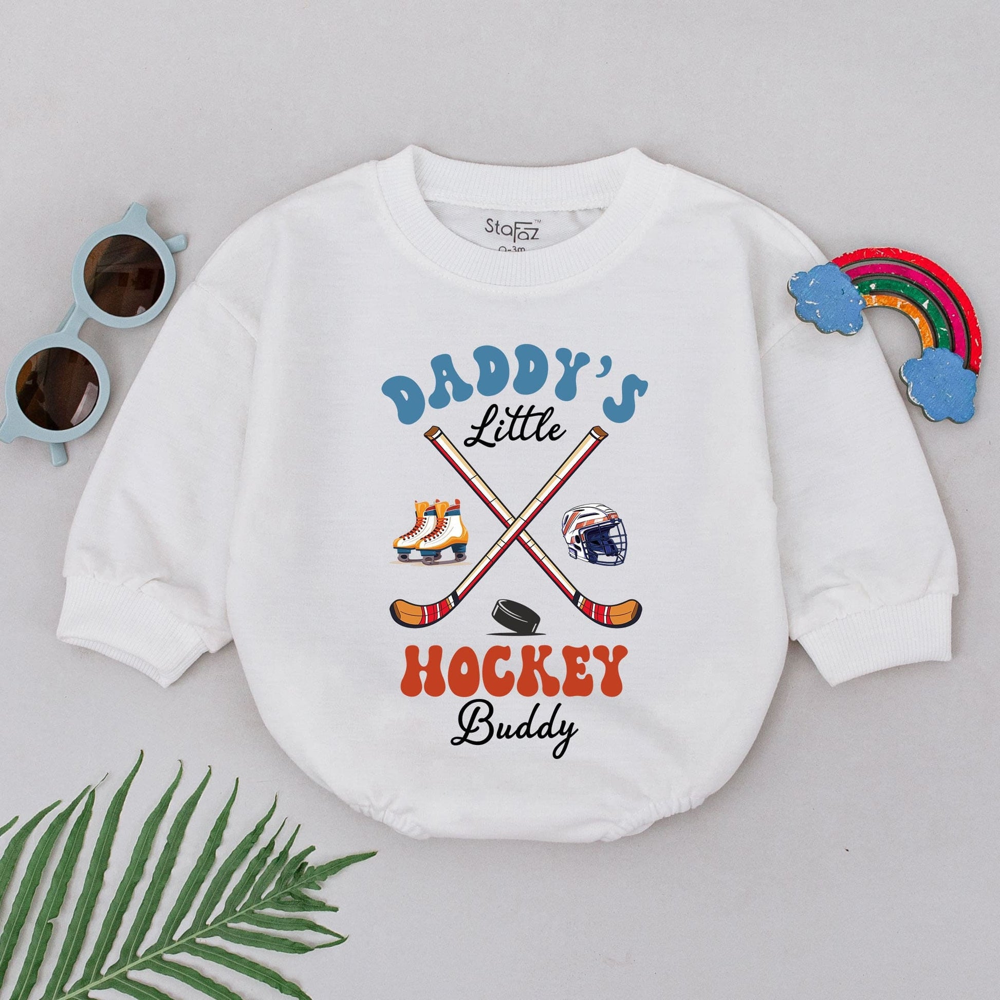 Daddy's Little Hockey Buddy Retro Romper - Hockey Baby Boy Outfit with Vintage Skates & Helmet Gift for Father's Day Newborn Bodysuit