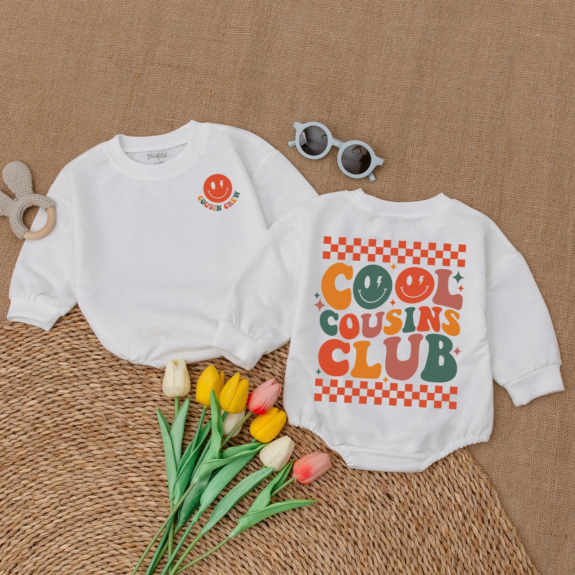 Retro Cool Cousins Club Romper & Cousin Crew Bodysuit Vintage Smiley Face Family Reunion Outfit Matching Family Gift