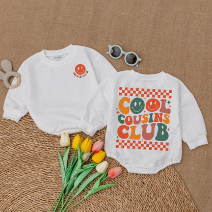 Retro Cool Cousins Club Romper & Cousin Crew Bodysuit Vintage Smiley Face Family Reunion Outfit Matching Family Gift