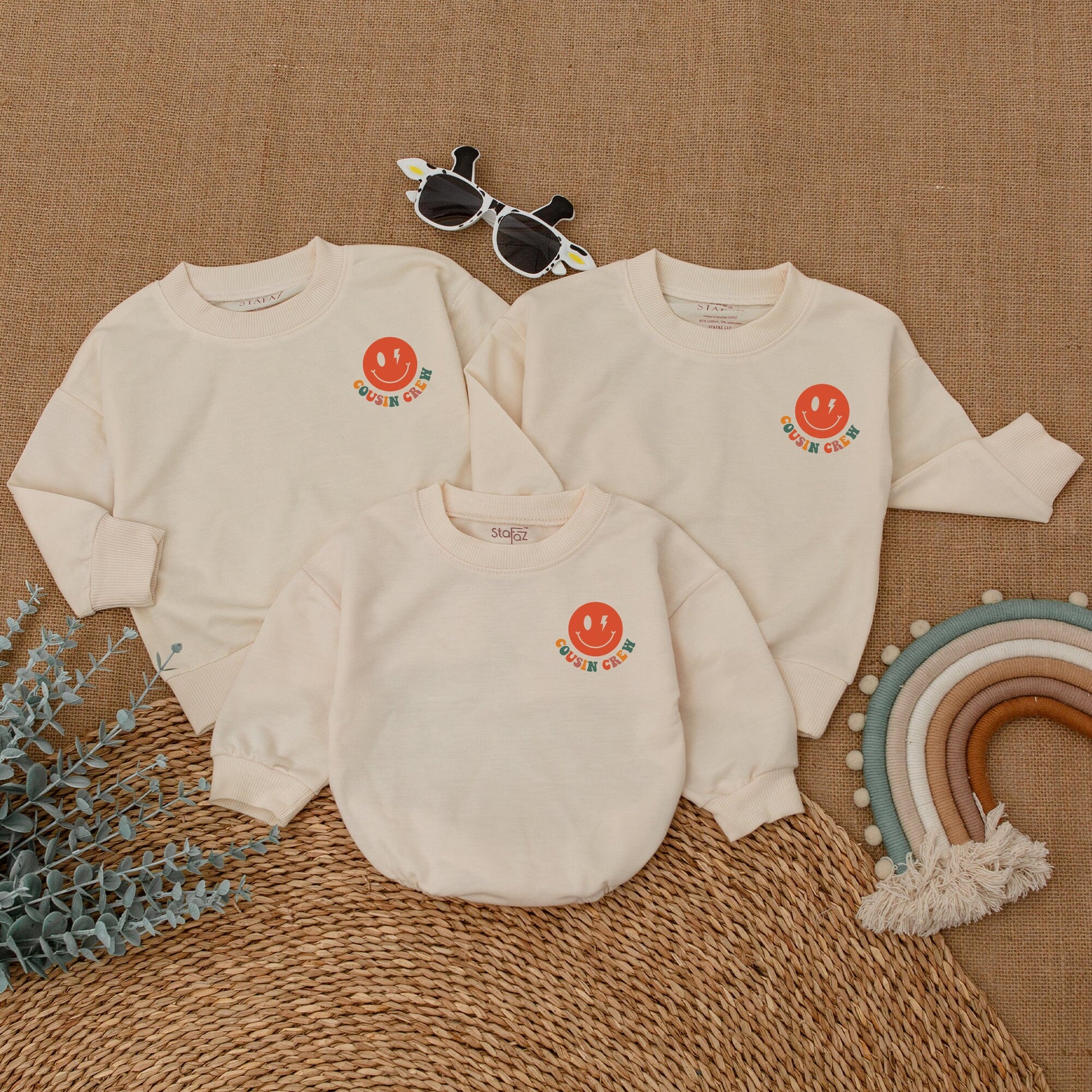 Retro Cool Cousins Club Romper & Cousin Crew Bodysuit Vintage Smiley Face Family Reunion Outfit Matching Family Gift