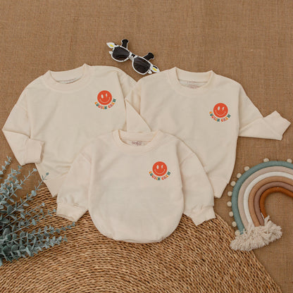 Retro Cool Cousins Club Romper & Cousin Crew Bodysuit Vintage Smiley Face Family Reunion Outfit Matching Family Gift