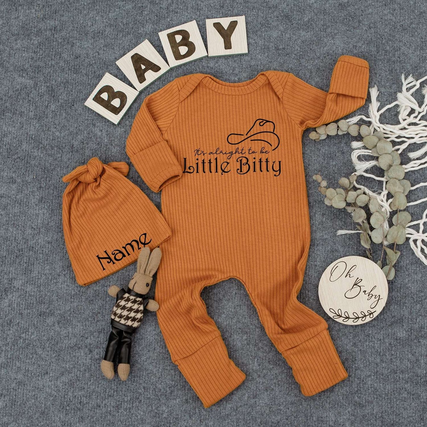 Little Bitty Western Bodysuit & Hat Set, Cute Baby Outfit, Custom Sleepsuit, Newborn Gift, Soft Infant Neutral Clothes, Funny Personalized Tee (139)