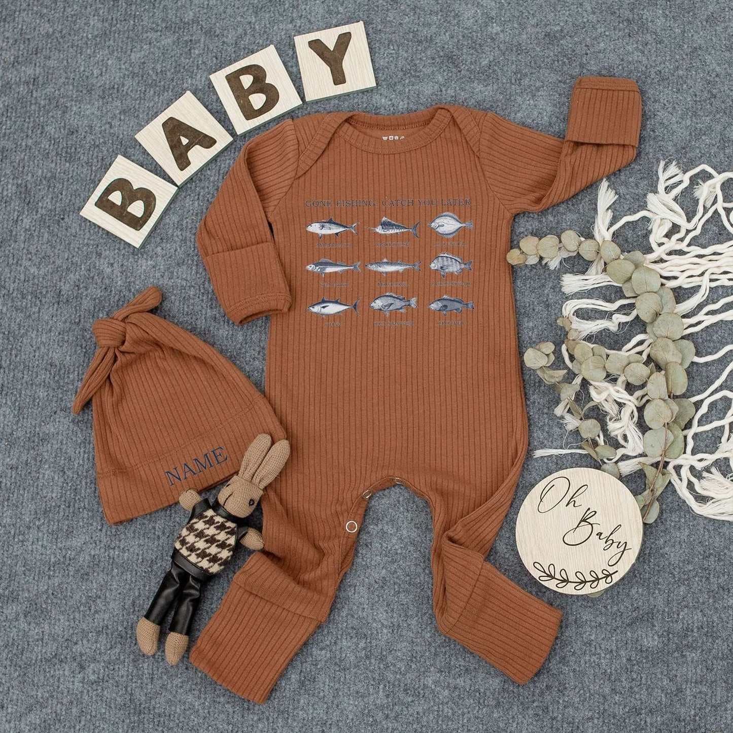 Personalized Gone Fishing Baby Bodysuit and Hat Set with Vintage Fish Print Catch You Later Newborn Outfit Summer Gift Gender Neutral