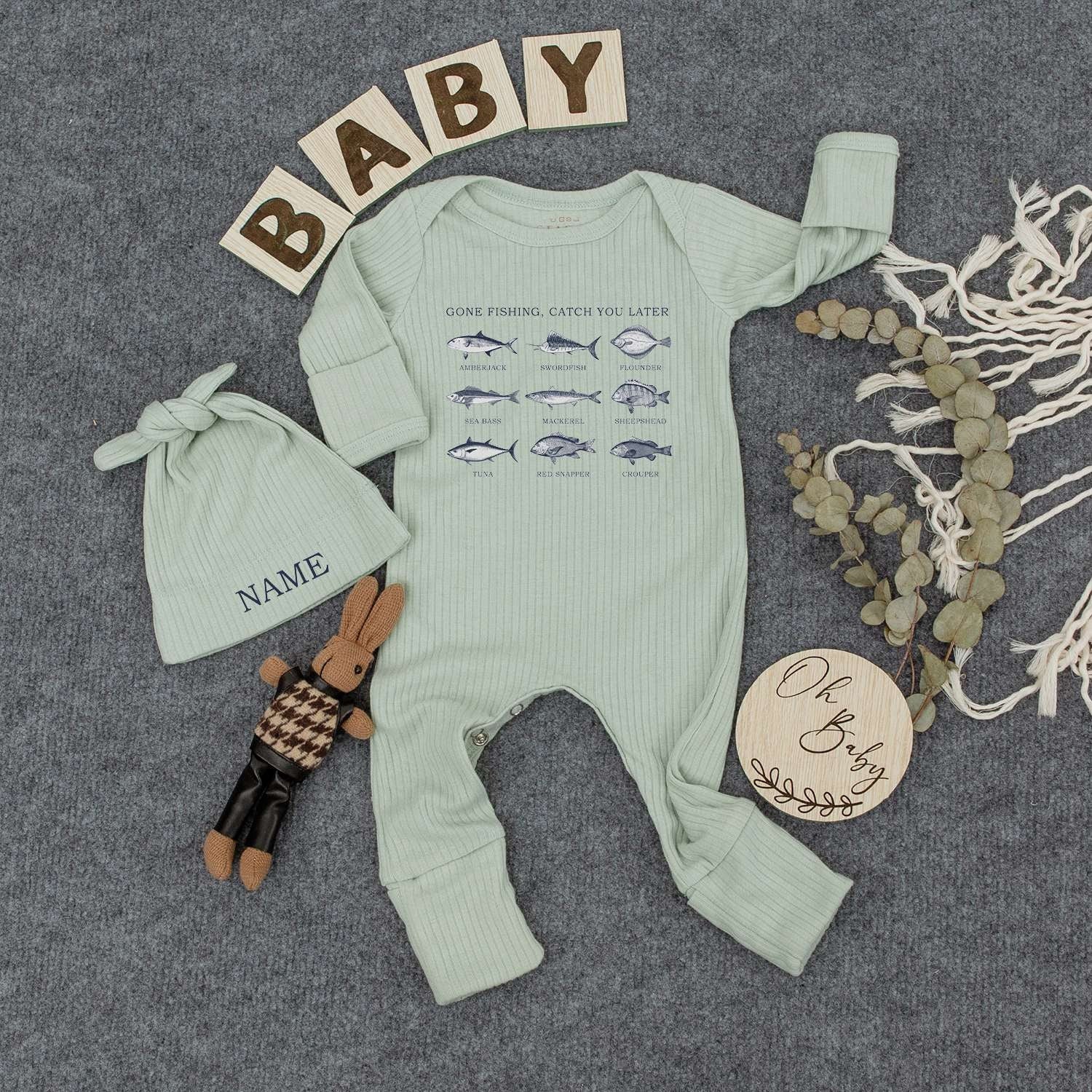 Personalized Gone Fishing Baby Bodysuit and Hat Set with Vintage Fish Print Catch You Later Newborn Outfit Summer Gift Gender Neutral
