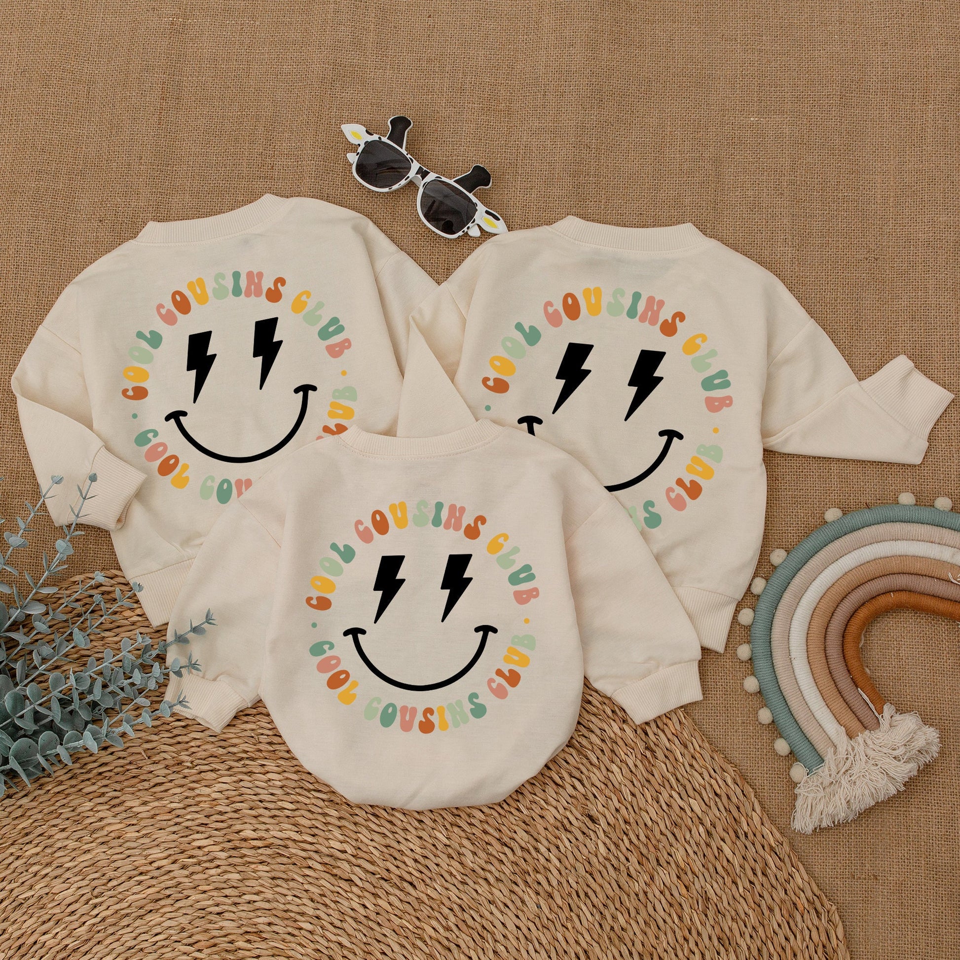 Cool Cousins Club Matching Outfits with Smiley Face Lightning Bolt Design, Fun Romper Bodysuit & T-Shirt for Kids Family Reunion