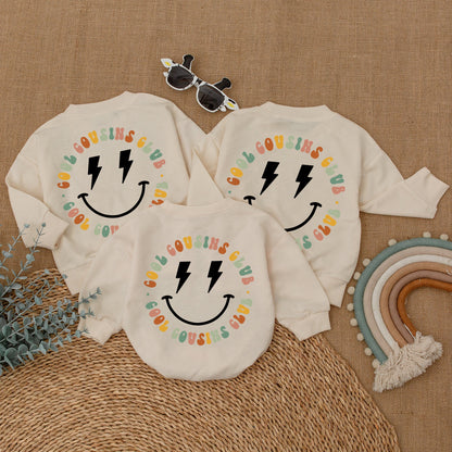 Cool Cousins Club Matching Outfits with Smiley Face Lightning Bolt Design, Fun Romper Bodysuit & T-Shirt for Kids Family Reunion