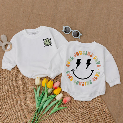 Cool Cousins Club Matching Outfits with Smiley Face Lightning Bolt Design, Fun Romper Bodysuit & T-Shirt for Kids Family Reunion