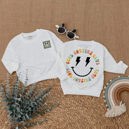 Cool Cousins Club Matching Outfits with Smiley Face Lightning Bolt Design, Fun Romper Bodysuit & T-Shirt for Kids Family Reunion