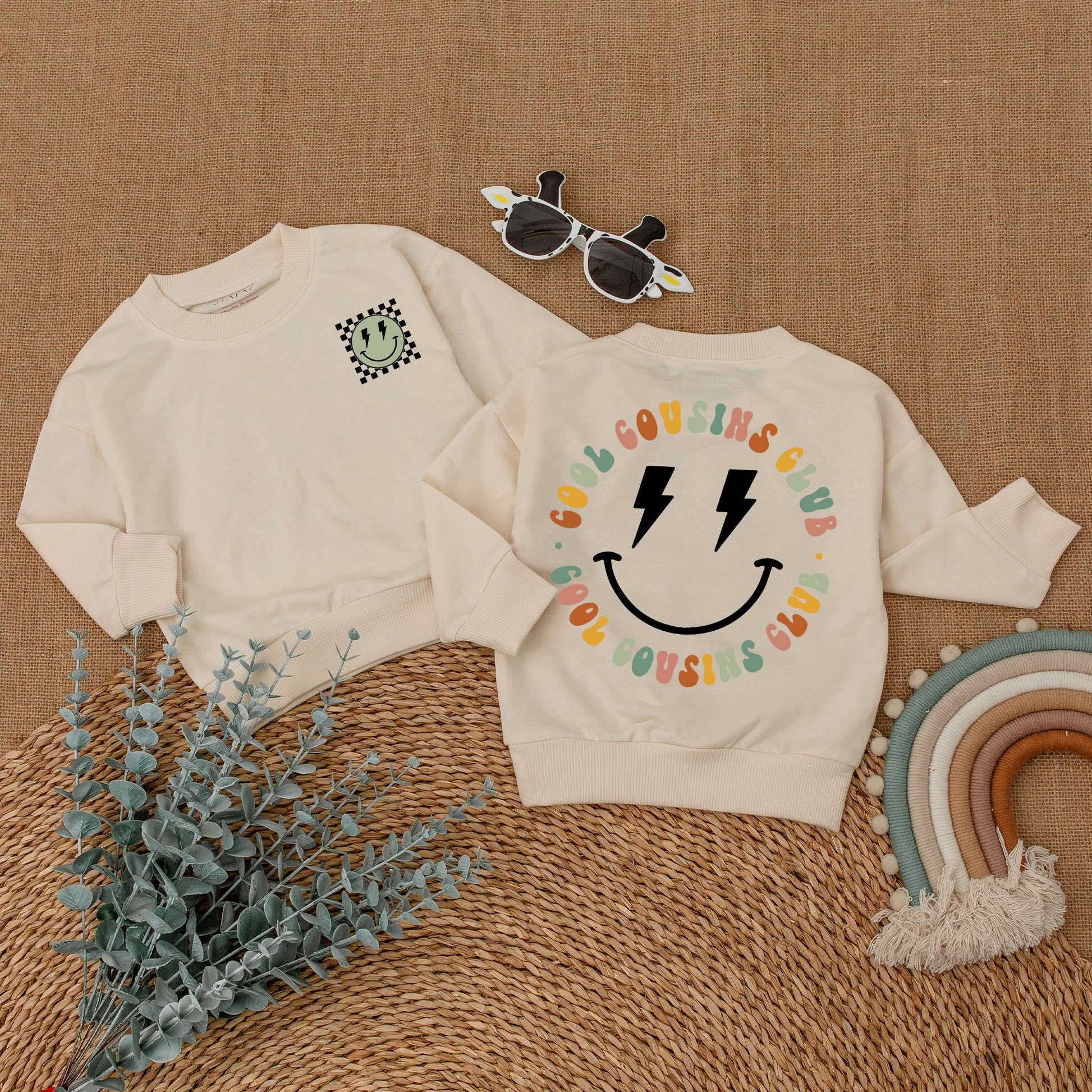Cool Cousins Club Matching Outfits with Smiley Face Lightning Bolt Design, Fun Romper Bodysuit & T-Shirt for Kids Family Reunion