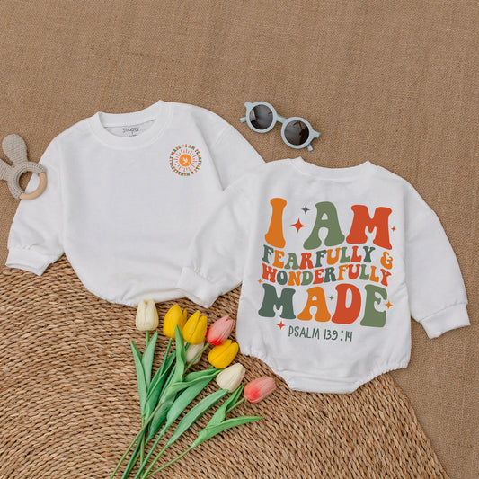 Wonderfully Made Christian Baby Romper, Religious Bodysuit, Psalm 139:14 Toddler Sweatshirt, Sun & Stars, Cute Faith Shirt, Baby Shower Gift, Orange & Green