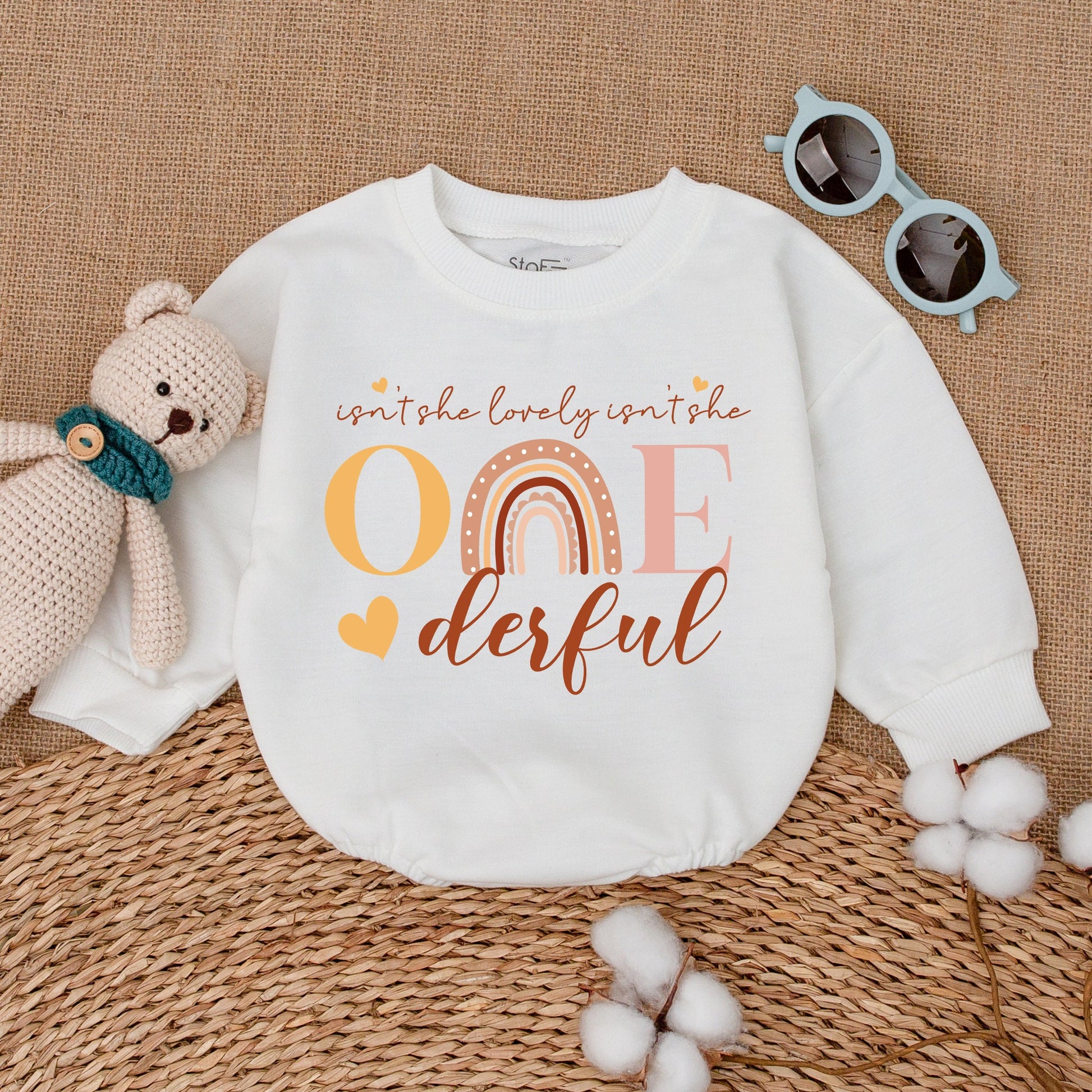 Isn't She Lovely Onederful Romper Rainbow 1st Birthday Outfit Baby Girl Clothes Boho ONE Year Bodysuit Cute Celebration, Yellow Heart Details (137 chars)