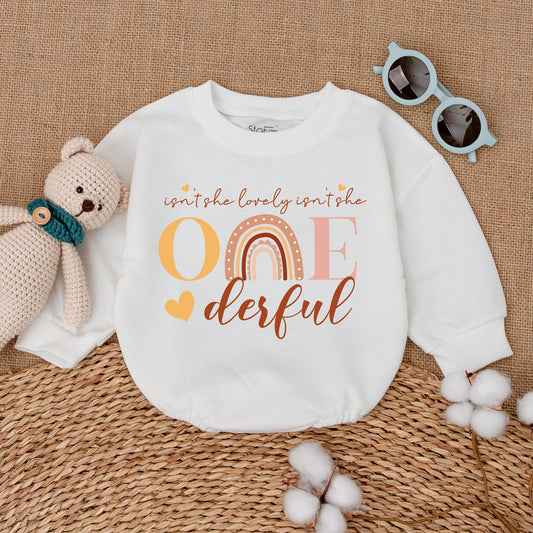 Isn't She Lovely Onederful Romper Rainbow 1st Birthday Outfit Baby Girl Clothes Boho ONE Year Bodysuit Cute Celebration, Yellow Heart Details (137 chars)