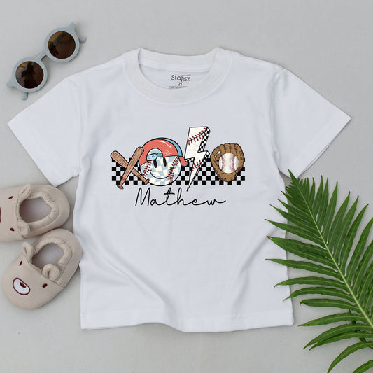Custom Retro Baseball Baby Outfit Cartoon Smiley Face Bat Glove Lightning Bolt Gameday Season Toddler Boy Clothes