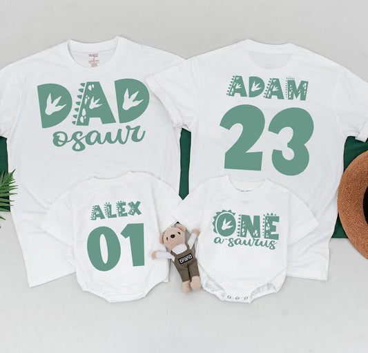 Matching Teal Dinosaur 1st Birthday Family Shirts: Dad-osaur, Adam 23, Alex 01! One-A-Saurus First Birthday Outfit