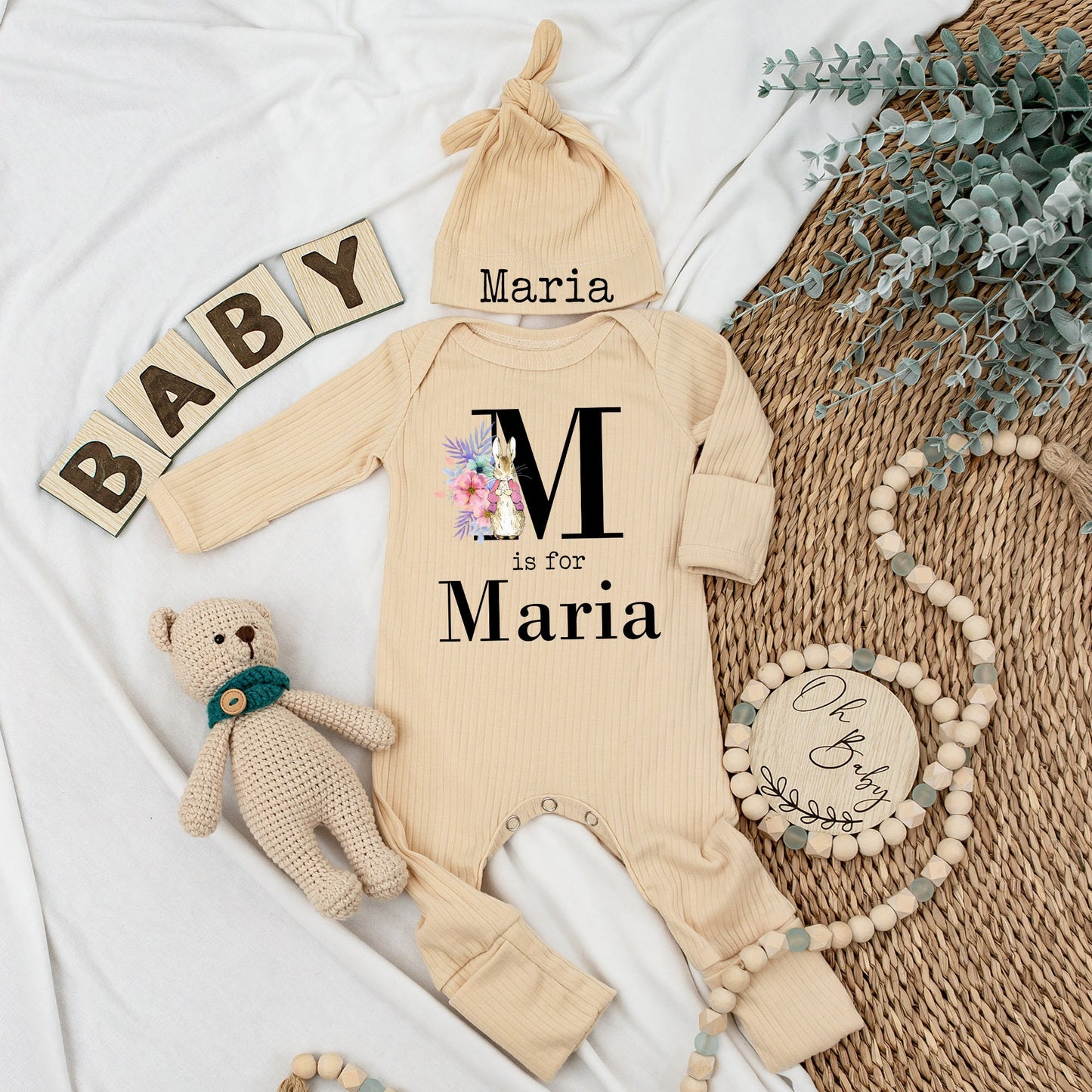 Personalized Maria Rabbit Baby Bodysuit Hat Set Soft Pink Watercolor Floral New Girl Gift Coming Home Outfit Babygrow