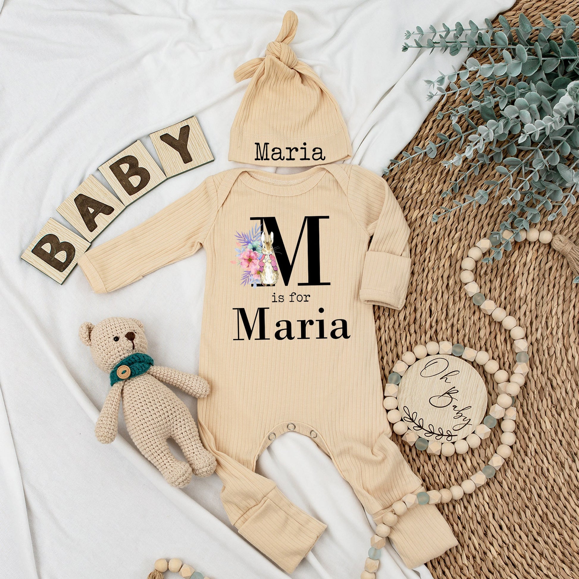 Personalized Maria Rabbit Baby Bodysuit Hat Set Soft Pink Watercolor Floral New Girl Gift Coming Home Outfit Babygrow