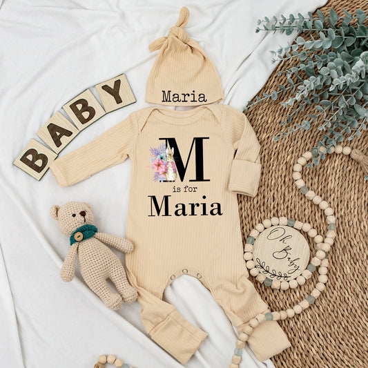 Personalized Maria Rabbit Baby Bodysuit Hat Set Soft Pink Watercolor Floral New Girl Gift Coming Home Outfit Babygrow