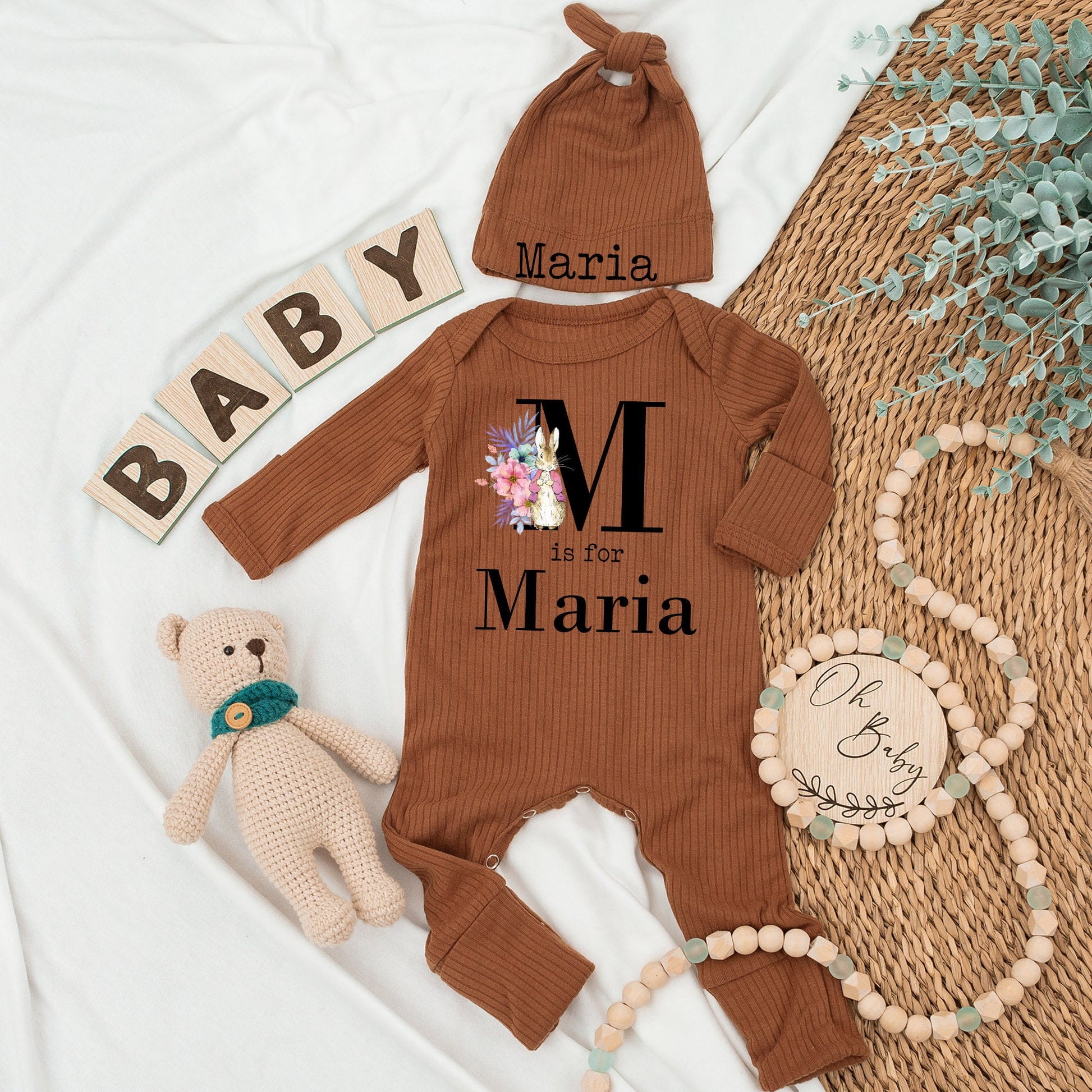 Personalized Maria Rabbit Baby Bodysuit Hat Set Soft Pink Watercolor Floral New Girl Gift Coming Home Outfit Babygrow