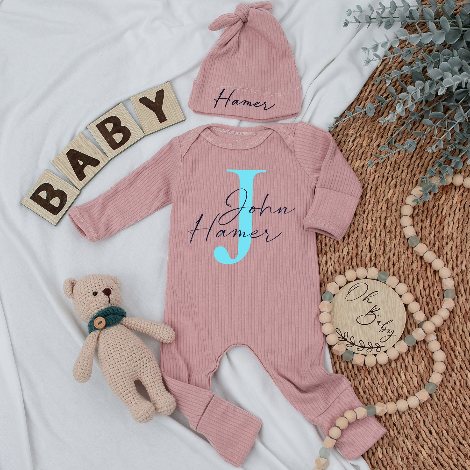Baby Boy Coming Home Monogrammed Gray Footie with Light Blue J Initial and Dark Blue John Hamer Name Newborn Photo Outfit Baby Shower Gift