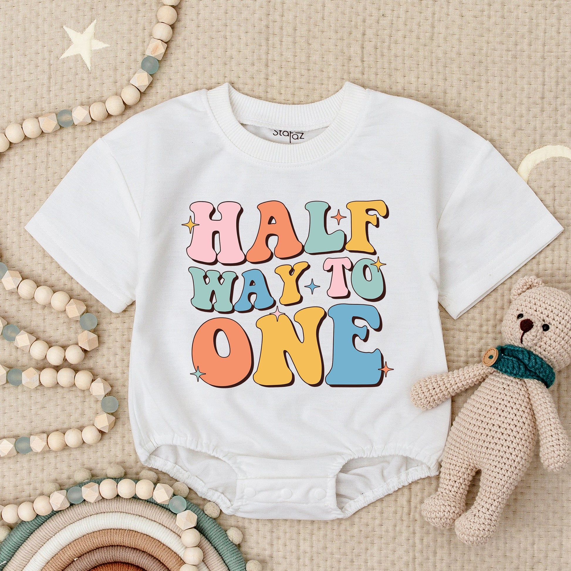 Half Way To One Birthday Girl Romper Playful Retro Pink Orange Yellow Blue Star Design 1/2 Birthday Outfit Baby Girl Bodysuit Infant