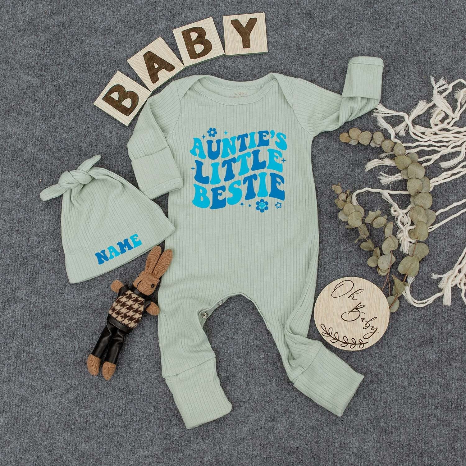 Auntie’s Little Bestie Retro Blue Gradient Bodysuit & Hat Set for Baby Newborn Boy or Girl 70s Vibes