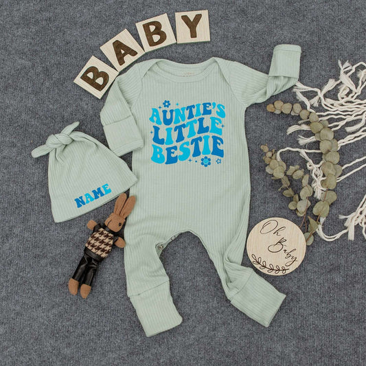 Auntie’s Little Bestie Retro Blue Gradient Bodysuit & Hat Set for Baby Newborn Boy or Girl 70s Vibes