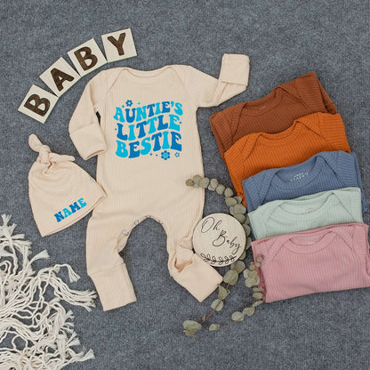 Auntie’s Little Bestie Retro Blue Gradient Bodysuit & Hat Set for Baby Newborn Boy or Girl 70s Vibes