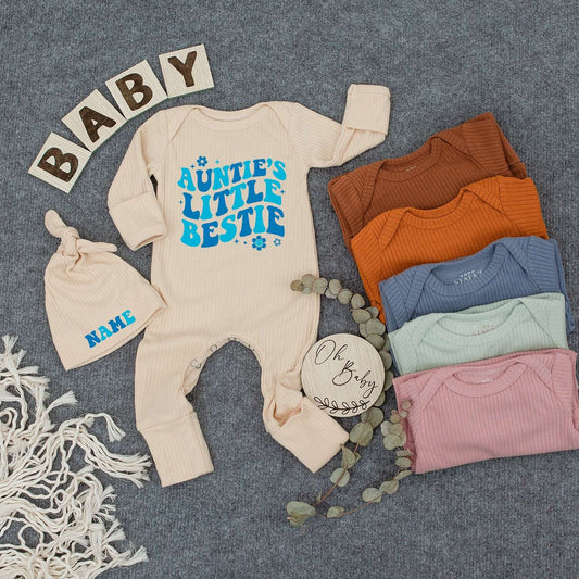 Auntie’s Little Bestie Retro Blue Gradient Bodysuit & Hat Set for Baby Newborn Boy or Girl 70s Vibes