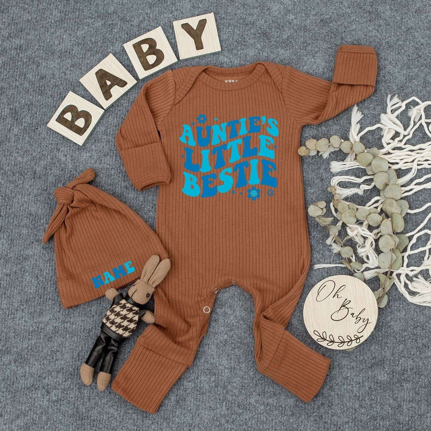 Auntie’s Little Bestie Retro Blue Gradient Bodysuit & Hat Set for Baby Newborn Boy or Girl 70s Vibes