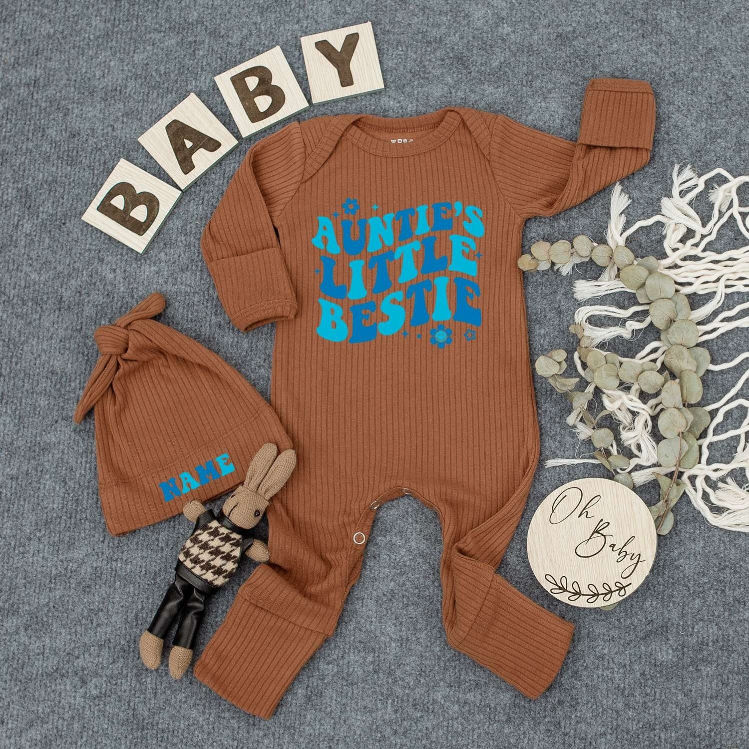 Auntie’s Little Bestie Retro Blue Gradient Bodysuit & Hat Set for Baby Newborn Boy or Girl 70s Vibes