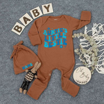 Auntie’s Little Bestie Retro Blue Gradient Bodysuit & Hat Set for Baby Newborn Boy or Girl 70s Vibes