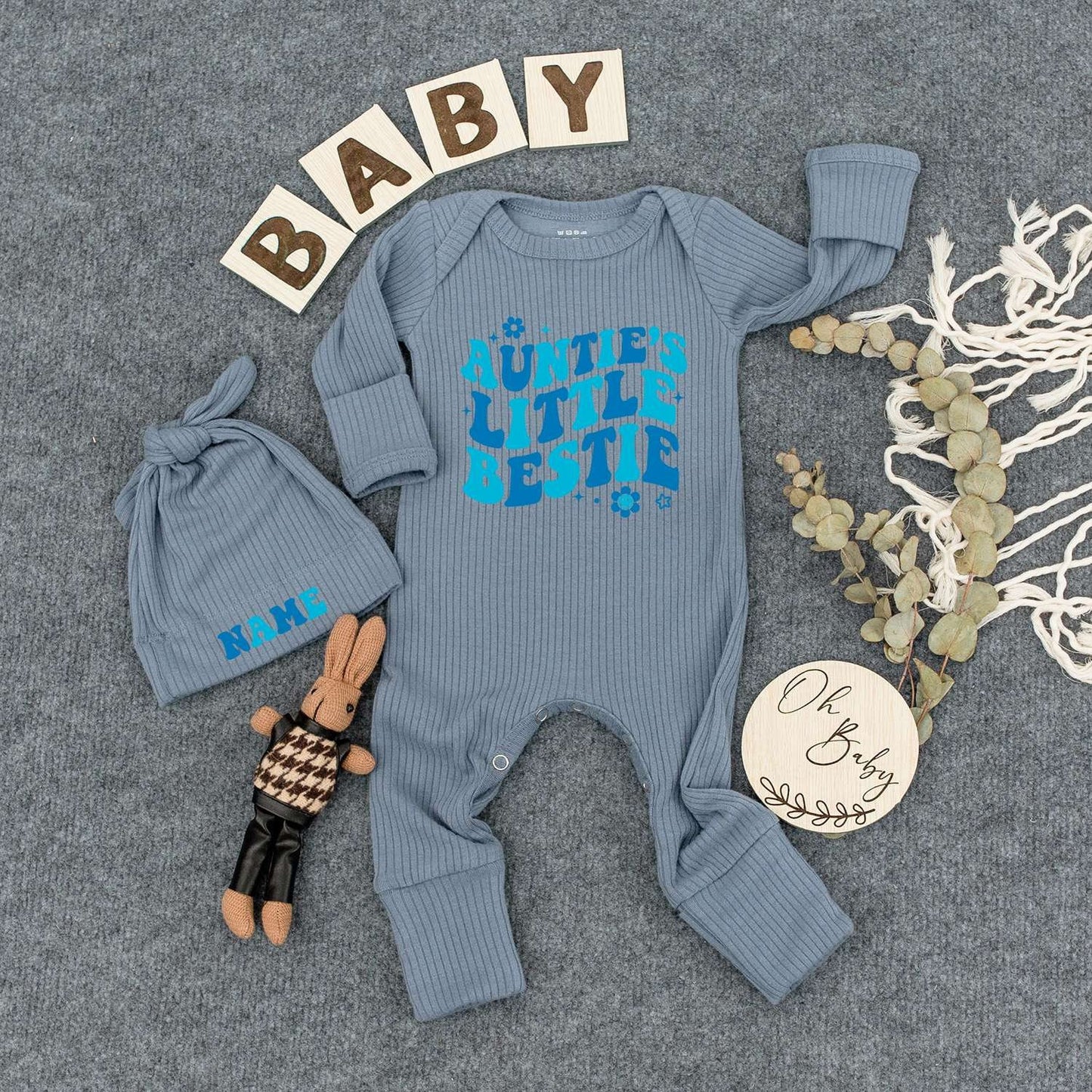 Auntie’s Little Bestie Retro Blue Gradient Bodysuit & Hat Set for Baby Newborn Boy or Girl 70s Vibes