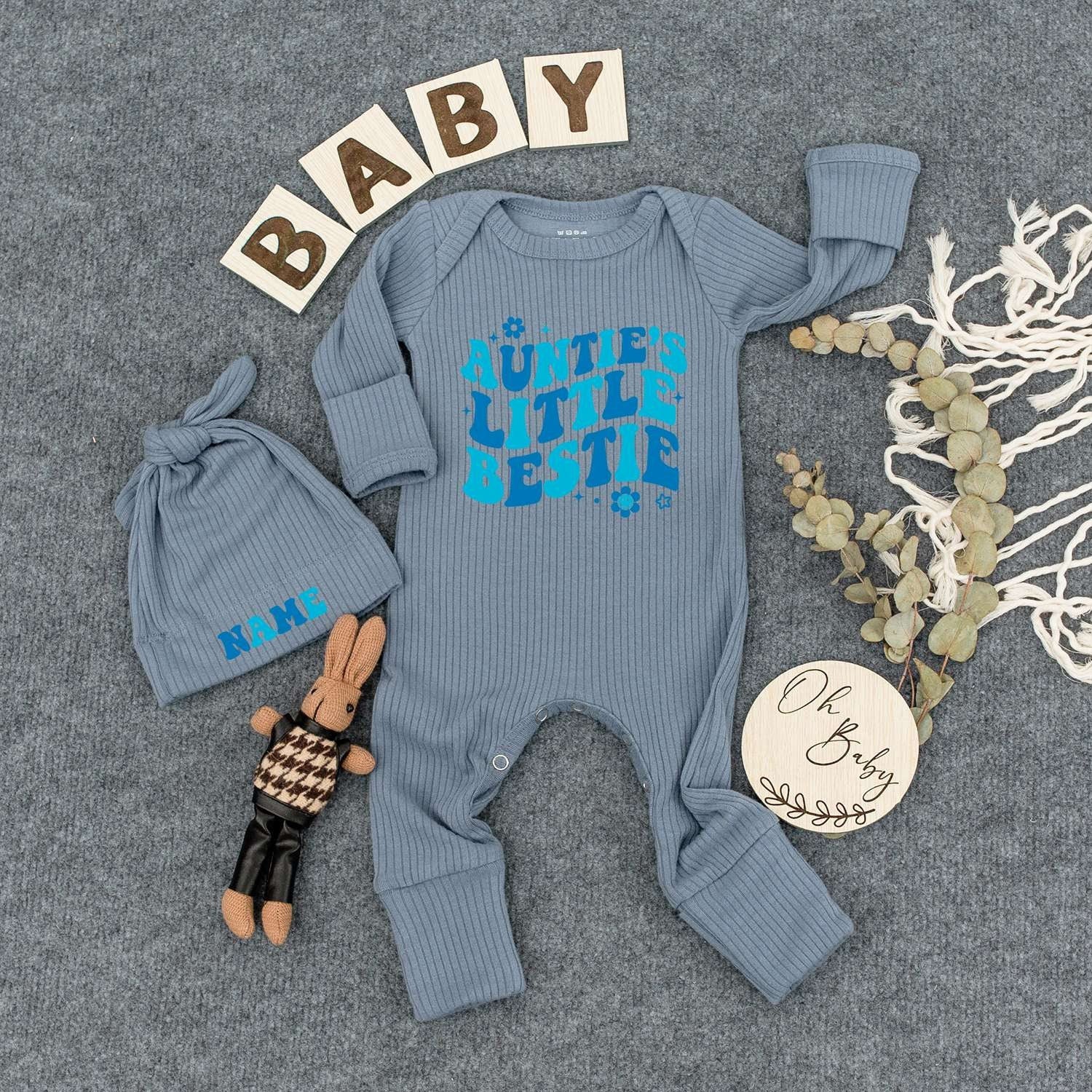 Auntie’s Little Bestie Retro Blue Gradient Bodysuit & Hat Set for Baby Newborn Boy or Girl 70s Vibes