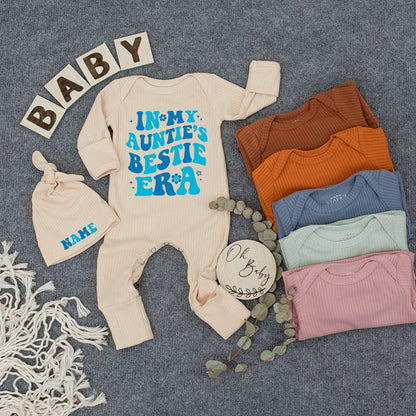In My Auntie's Bestie Era Bodysuit Hat Set, Blue Retro Baby Outfit, Custom Name Newborn Gift, Cute Infant Boy Girl Clothes, Pregnancy Reveal 138 chars
