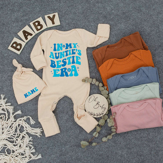 In My Auntie's Bestie Era Bodysuit Hat Set, Blue Retro Baby Outfit, Custom Name Newborn Gift, Cute Infant Boy Girl Clothes, Pregnancy Reveal 138 chars