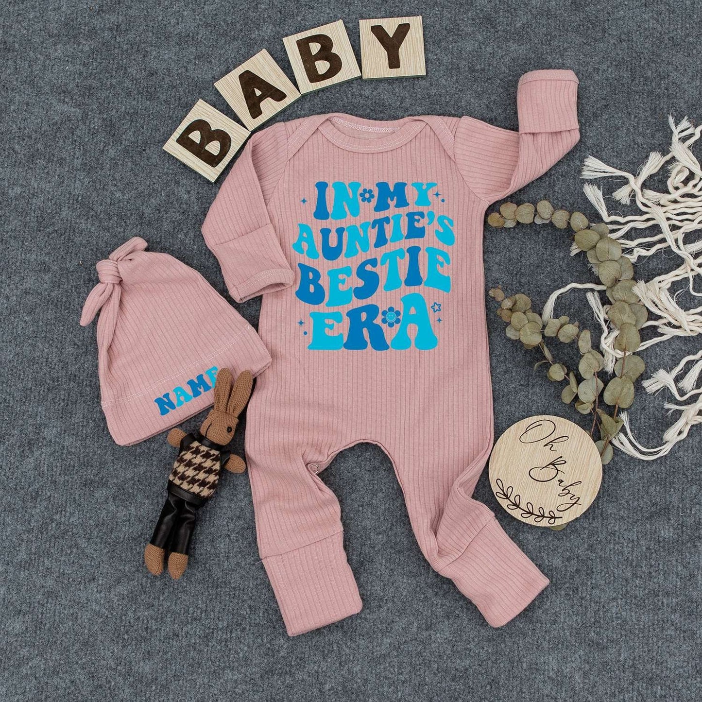 In My Auntie's Bestie Era Bodysuit Hat Set, Blue Retro Baby Outfit, Custom Name Newborn Gift, Cute Infant Boy Girl Clothes, Pregnancy Reveal 138 chars