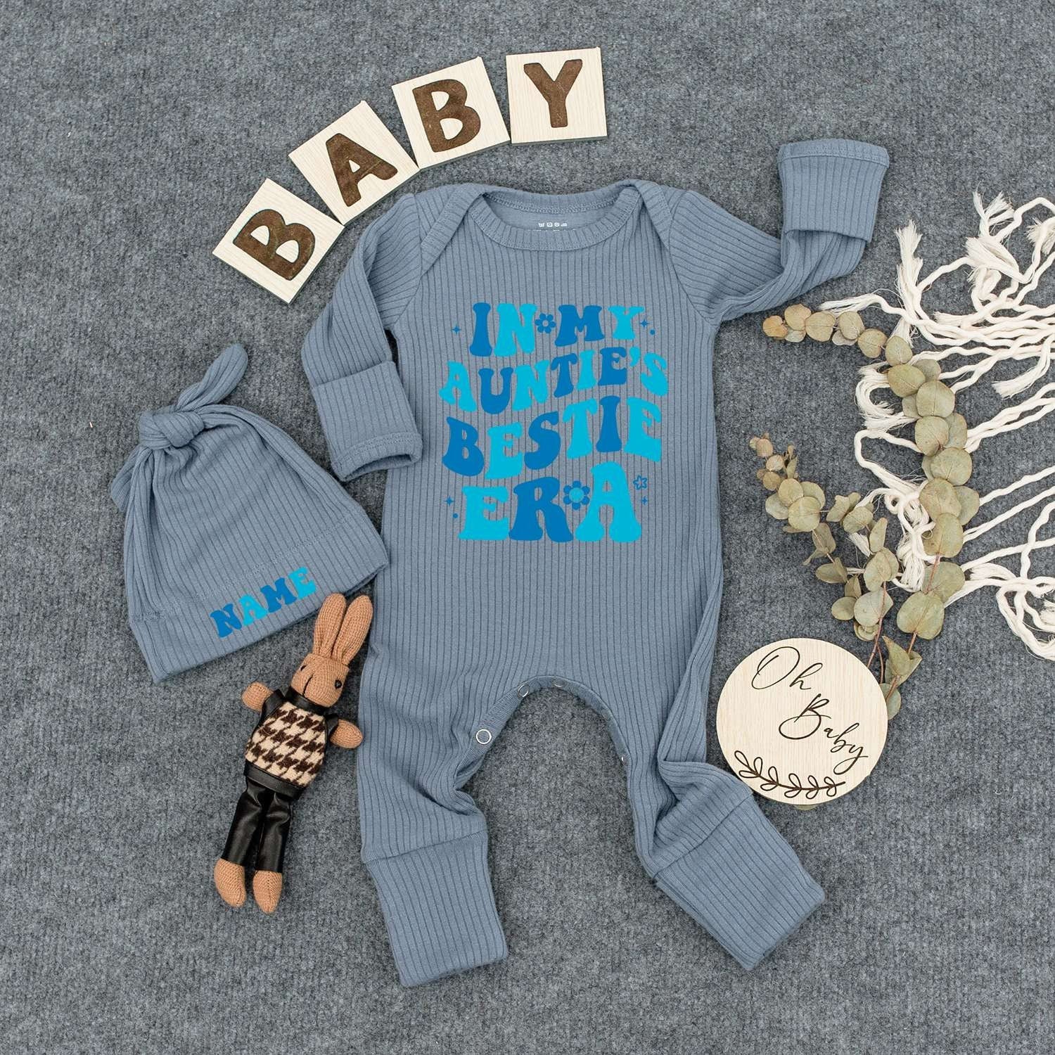 In My Auntie's Bestie Era Bodysuit Hat Set, Blue Retro Baby Outfit, Custom Name Newborn Gift, Cute Infant Boy Girl Clothes, Pregnancy Reveal 138 chars