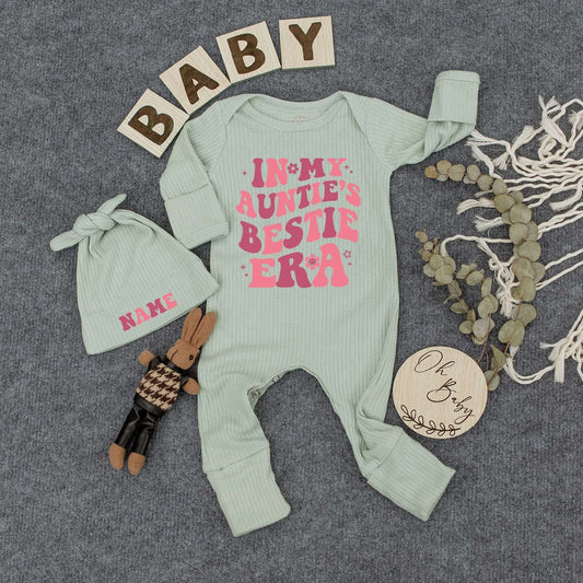 In My Auntie's Bestie Era Bodysuit Retro Pink Floral Personalized Hat Newborn Baby Girl Cute Shower Gift Outfit with Bubbly Stars