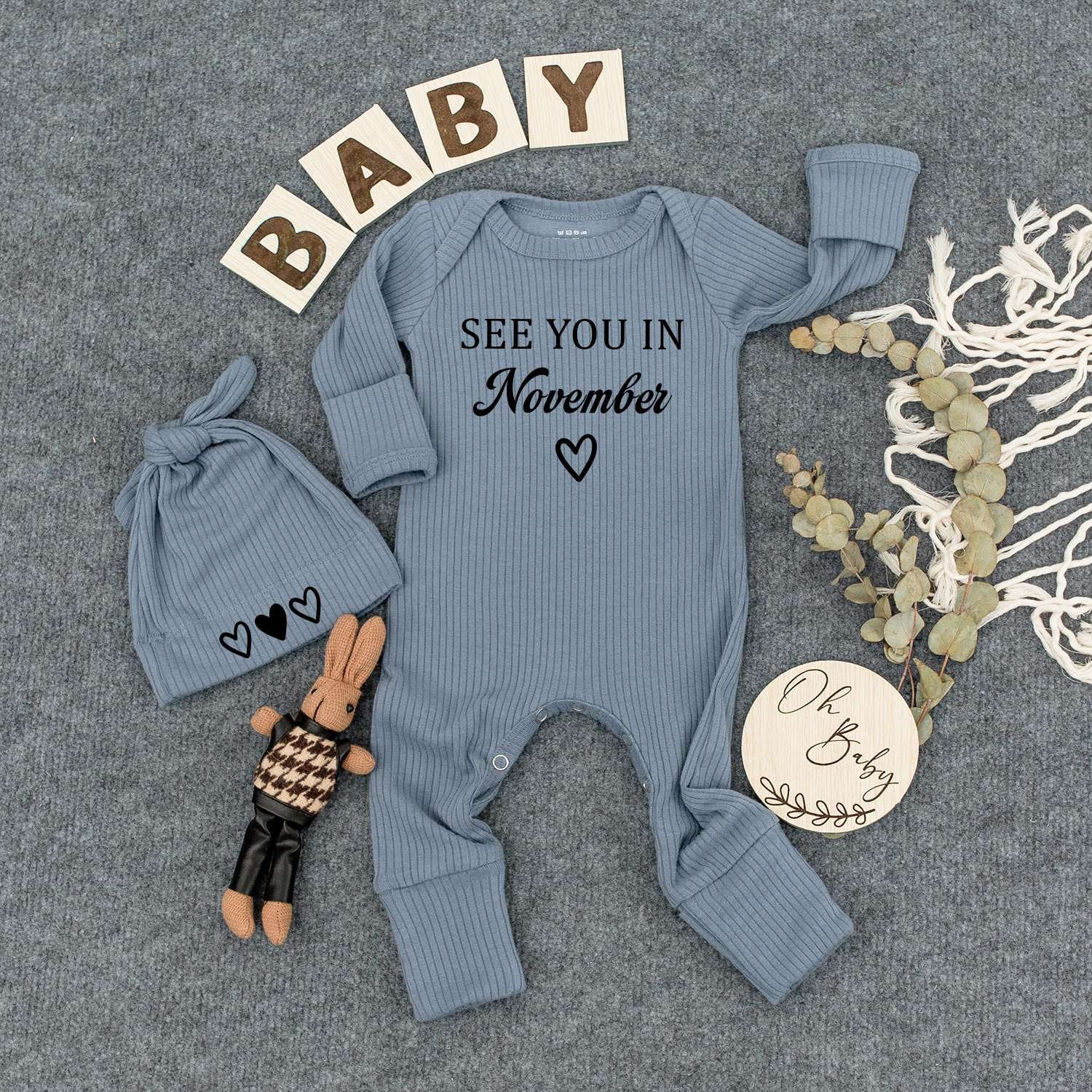 See You In November Baby Bodysuit And Heart Hat Set Minimalist Newborn Outfit Coming Soon Gift Gender Neutral