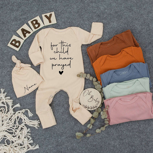 Prayed For Baby Bodysuit & Hat Set, Custom Name Outfit, Newborn Infant Gift, Minimalist Christian Baby Clothes, Pregnancy Reveal Coming Home Outfit 139