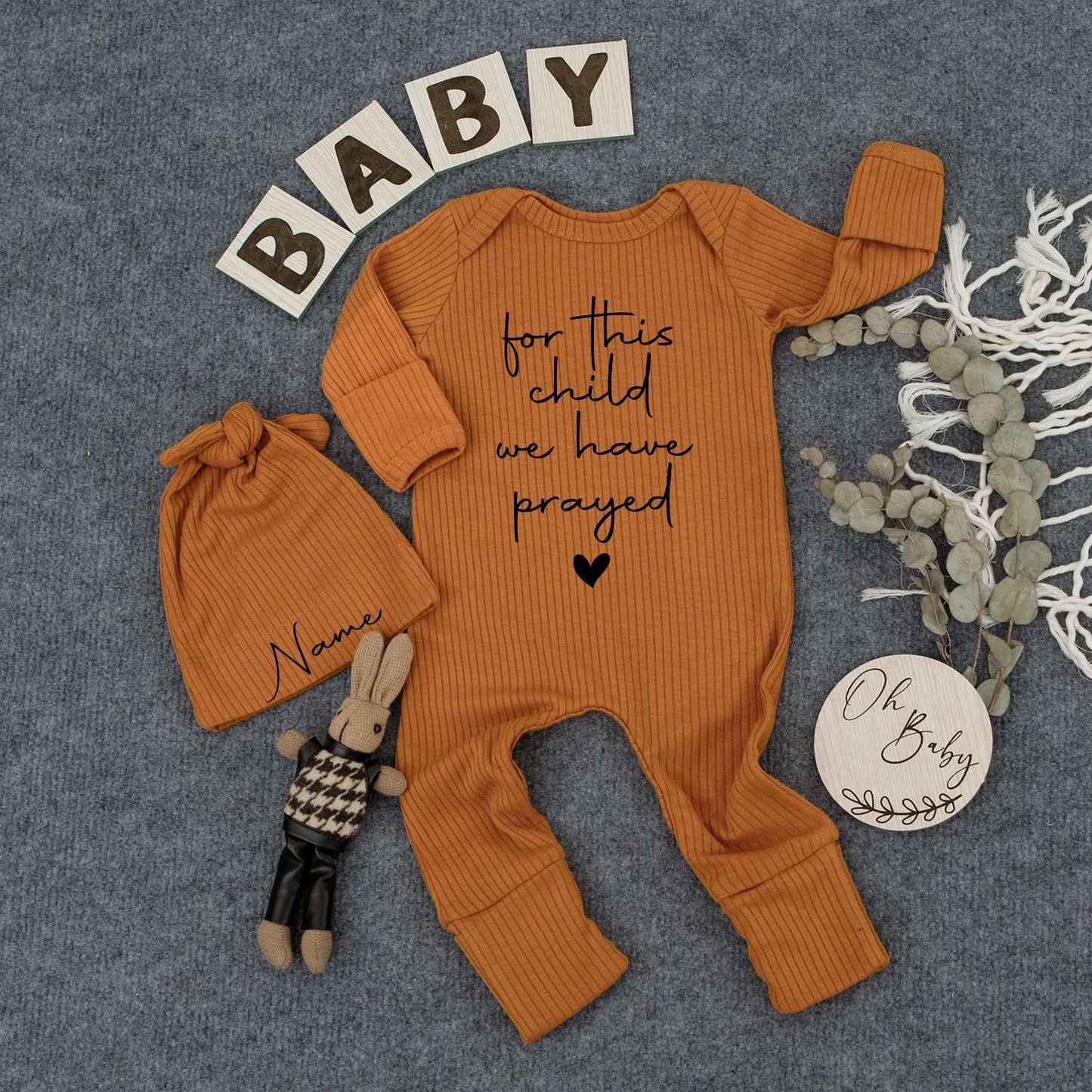 Prayed For Baby Bodysuit & Hat Set, Custom Name Outfit, Newborn Infant Gift, Minimalist Christian Baby Clothes, Pregnancy Reveal Coming Home Outfit 139